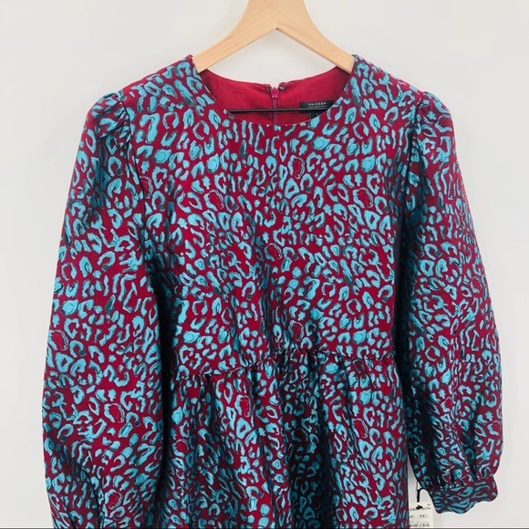 HALOGEN X ATLANTIC-PACIFIC Leopard Print Brocade Teal Maroon Dress Sz Small NEW - Picture 3 of 11